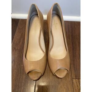 COLE HAAN women’s size 8 Margot Sand Tan Peep Toe High Heel Leather Pumps
